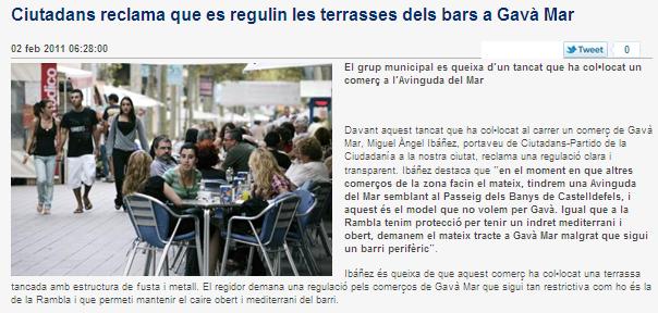 Not�cia publicada a la web EL BRUGUERS sobre la posici� contr�ria de C's-Gav� als tancaments de terrasses a Gav� Mar (3 Febrer 2011)